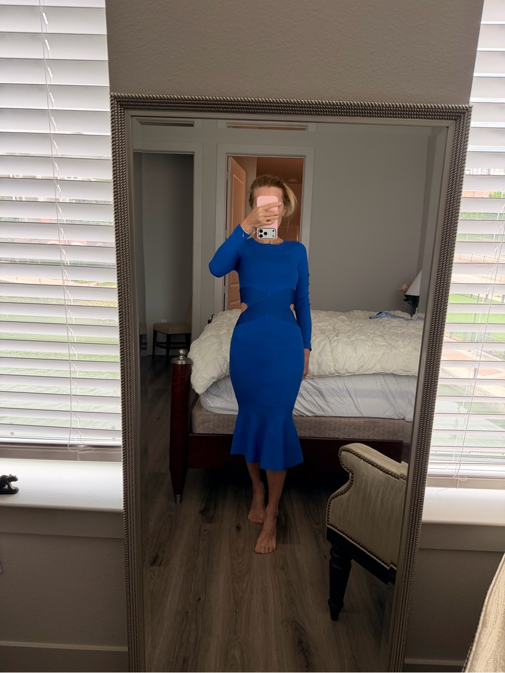 Karen Millen Cobalt Blue Long-Sleeve Midi Dress with Flared Hem